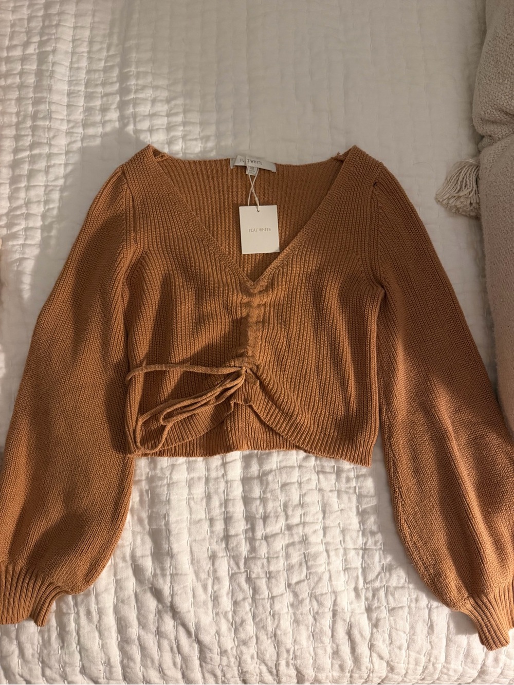 Free People Cropped Ruched V-Neck Sweater Top in Caramel Brown